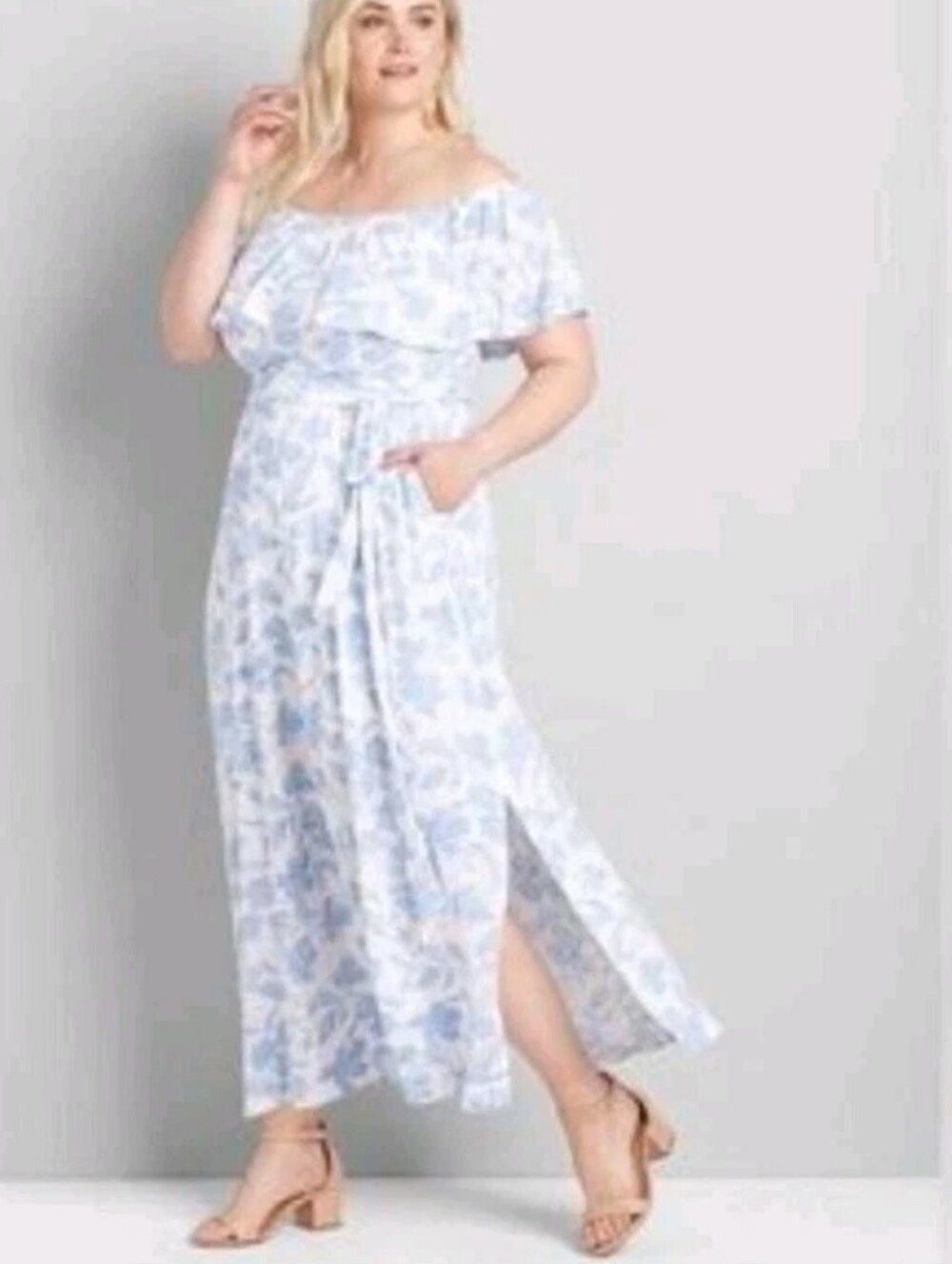 Lane Bryant Convertible Maxi Dress Plus Sz 34/36W Eyelet Blue Floral Cottage